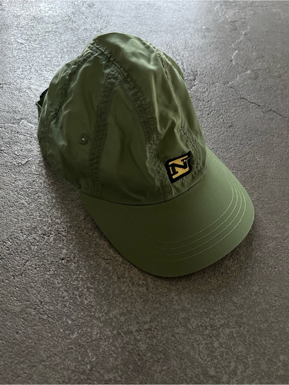 Vintage Nike Olive Nylon Green Cap with Yellow Swoosh Patch